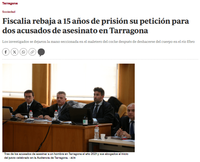 Fiscalia rebaja a 15 años de prisión su petición para dos acusados de asesinato en Tarragona